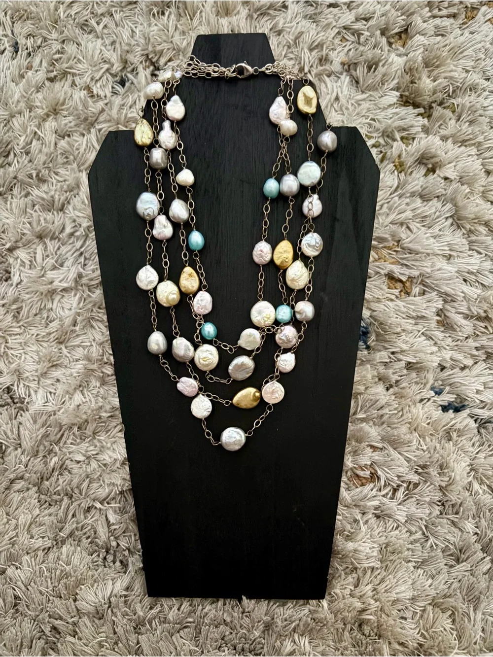 Multi-Strand Pastel Pearl and Gold Accent Necklace